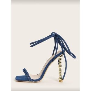 Denim Blue Heeled Sandals with Gold Accents